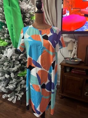 SHEIN Abstract Leaf-Print Midi Dress in Blue, Orange, Purple & Black